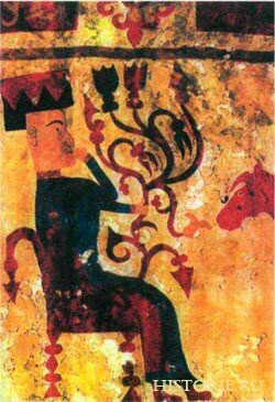 Фрагмент войлочного ковра. Изображение богини. Из Пазырыкского кургана. Алтай. Фрагмент войлочного ковра. Изображение богини. Из Пазырыкского кургана. Алтай.